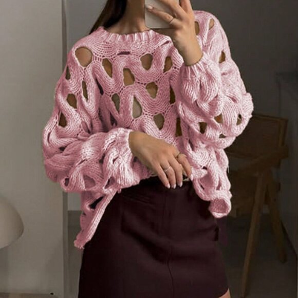 Pink Casual Women's Skeleton Weave Long Sleeve Cowl Sweater Pullover - Picture 7 of 11